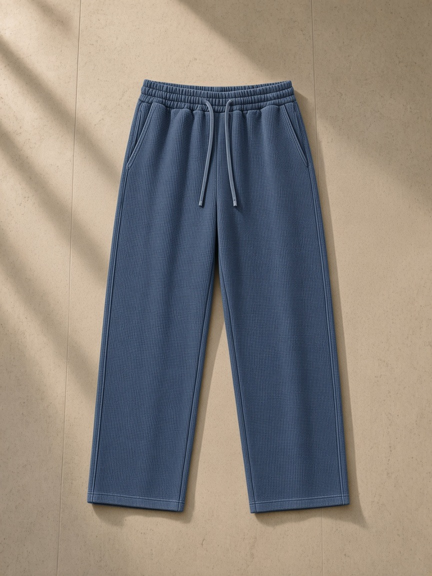 Mineral wash waffle sweatpants in Gray Blue, laid flat on pale limestone