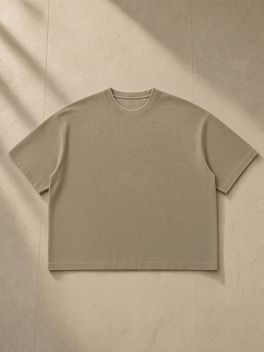 Unisex vintage wash sunfade boxy waffle t-shirt in Light Coffee, front view on white. Marcel Afters