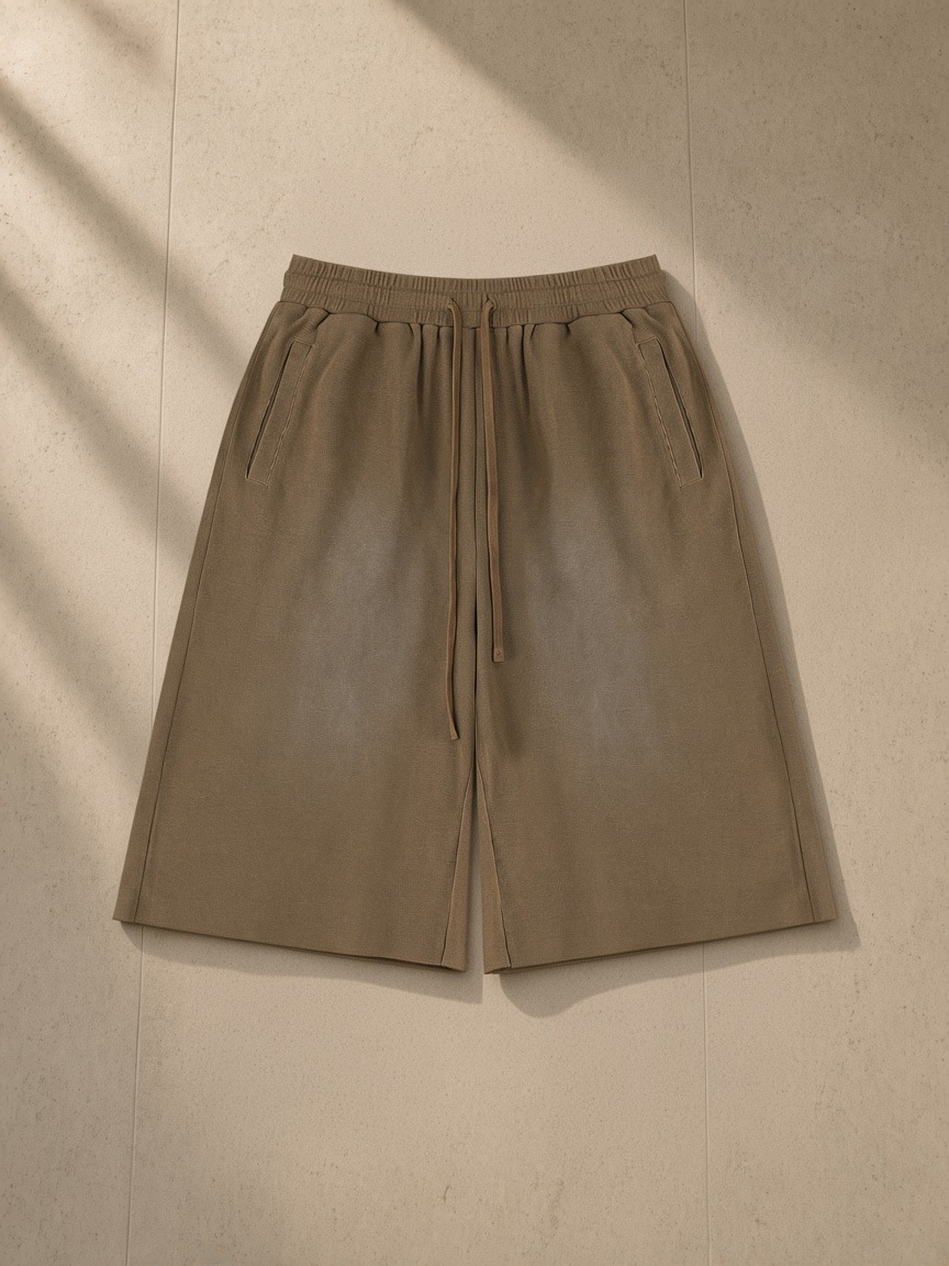 Unisex sunfade raw edge shorts in Coffee, laid flat on pale limestone