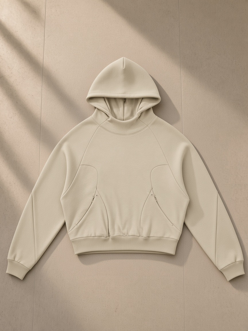 Curved panel raglan hoodie in Apricot, laid flat on pale limestone