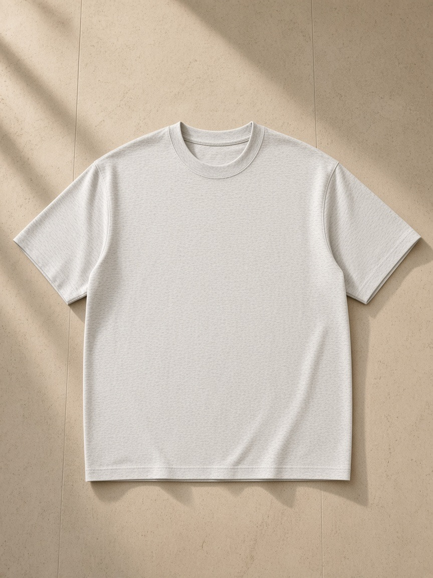 Loose fit crewneck t-shirt in Flower Gray, laid flat on pale limestone