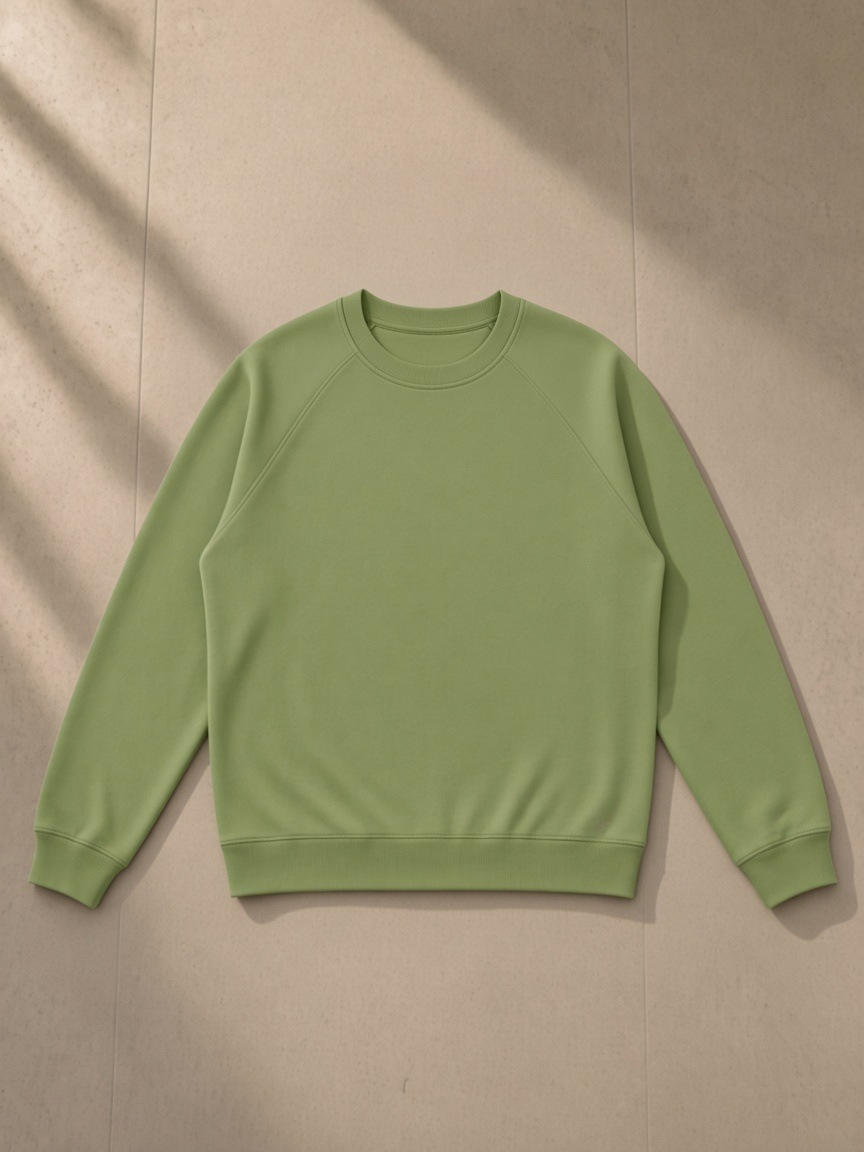 Regular Fit Crewneck Sweatshirt in Sage Green, laid flat on pale limestone, front.