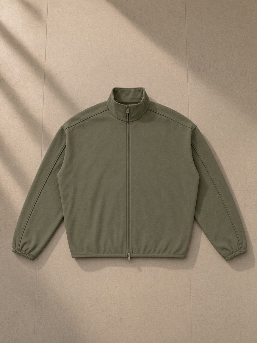 Essential Heavyweight Stand Collar Jacket in Army Green, laid flat on pale limestone