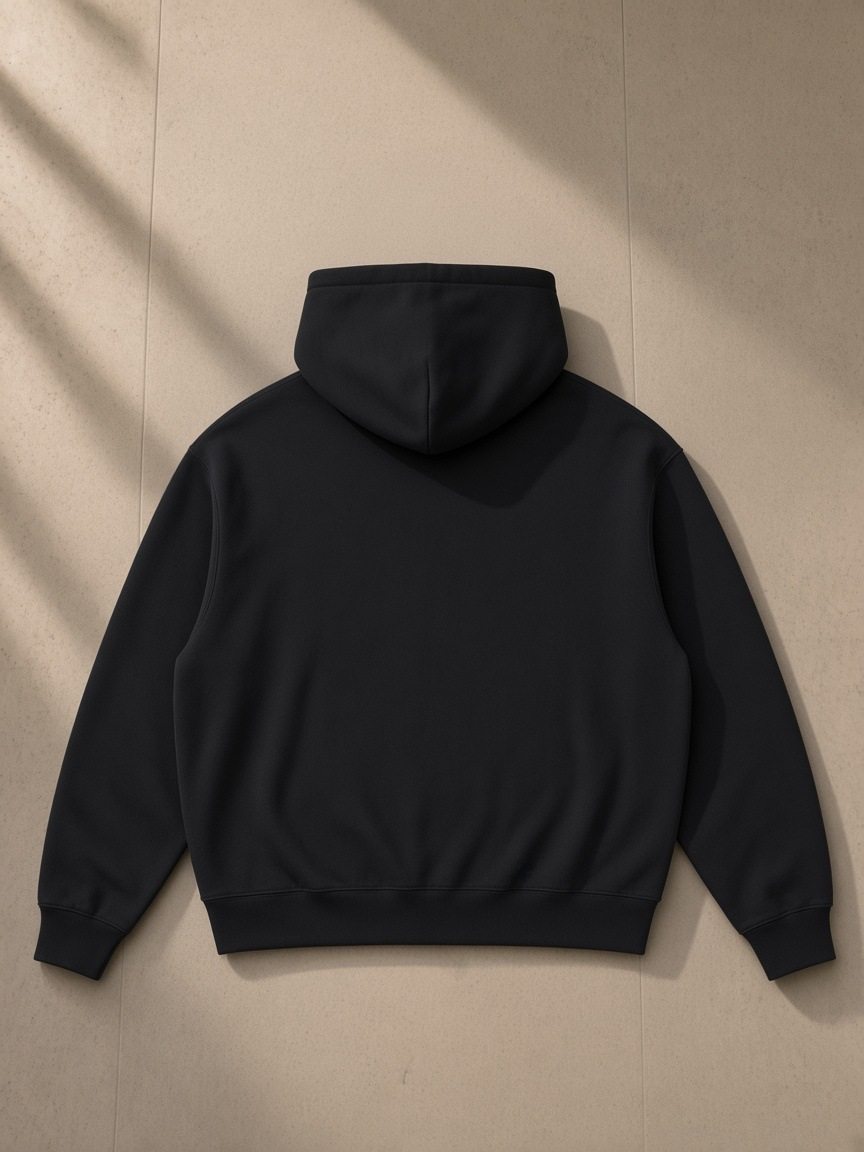Essential Boxy Heavyweight Drop-Shoulder Hoodie in Black, laid flat on pale limestone, back view