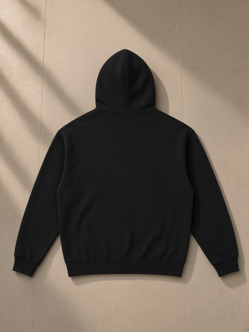 Unisex heavyweight hoodie in Black, laid flat on pale limestone, back view