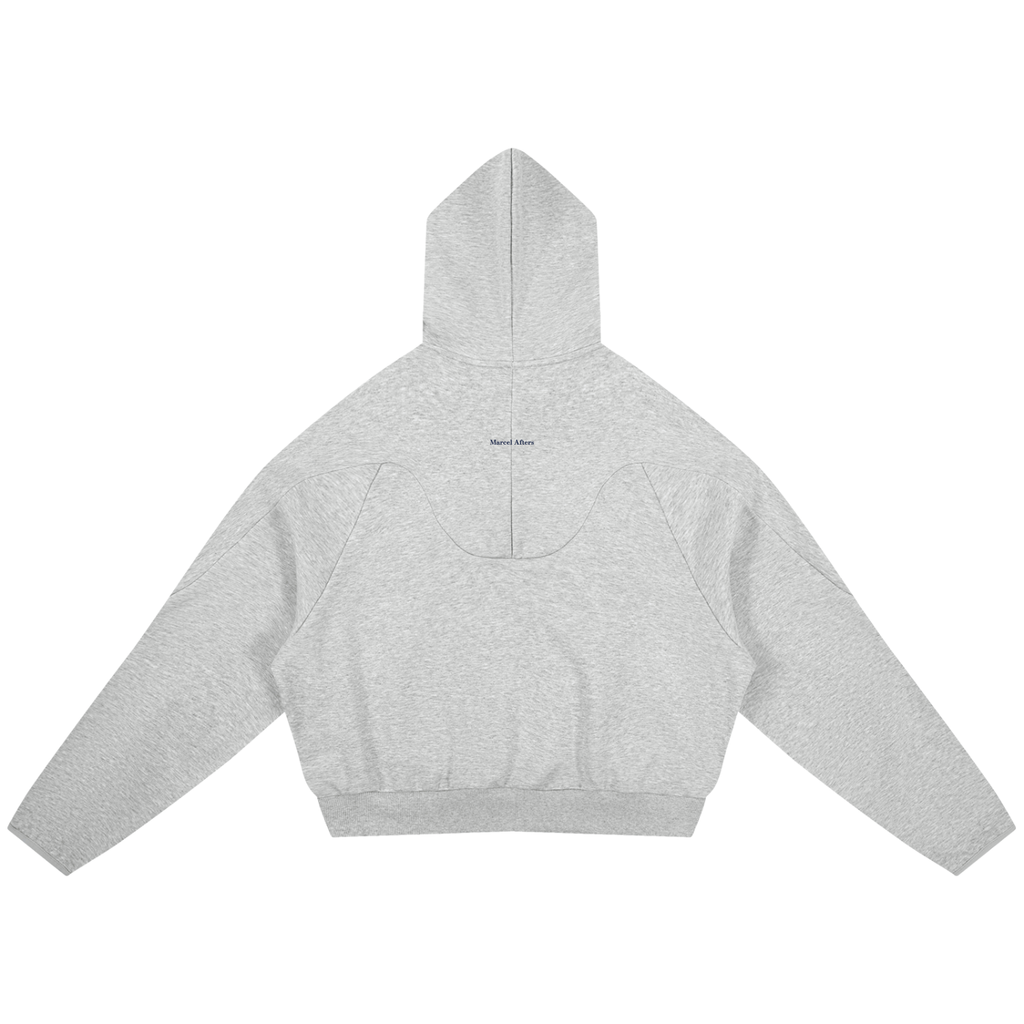 Curved panel raglan hoodie in Flower Gray, back view