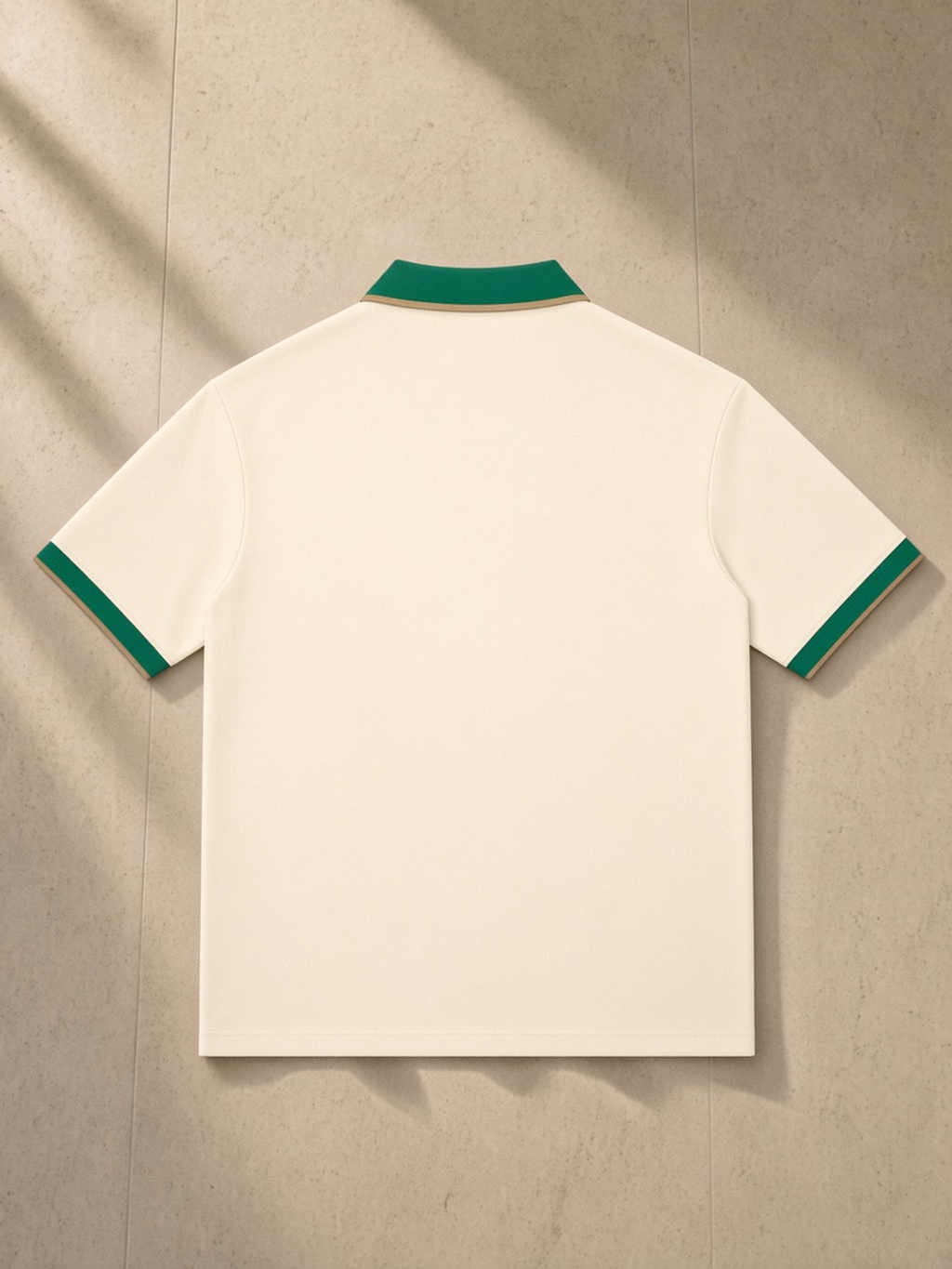 Color Block Polo Shirt in Apricot with Green, laid flat on pale limestone, back.