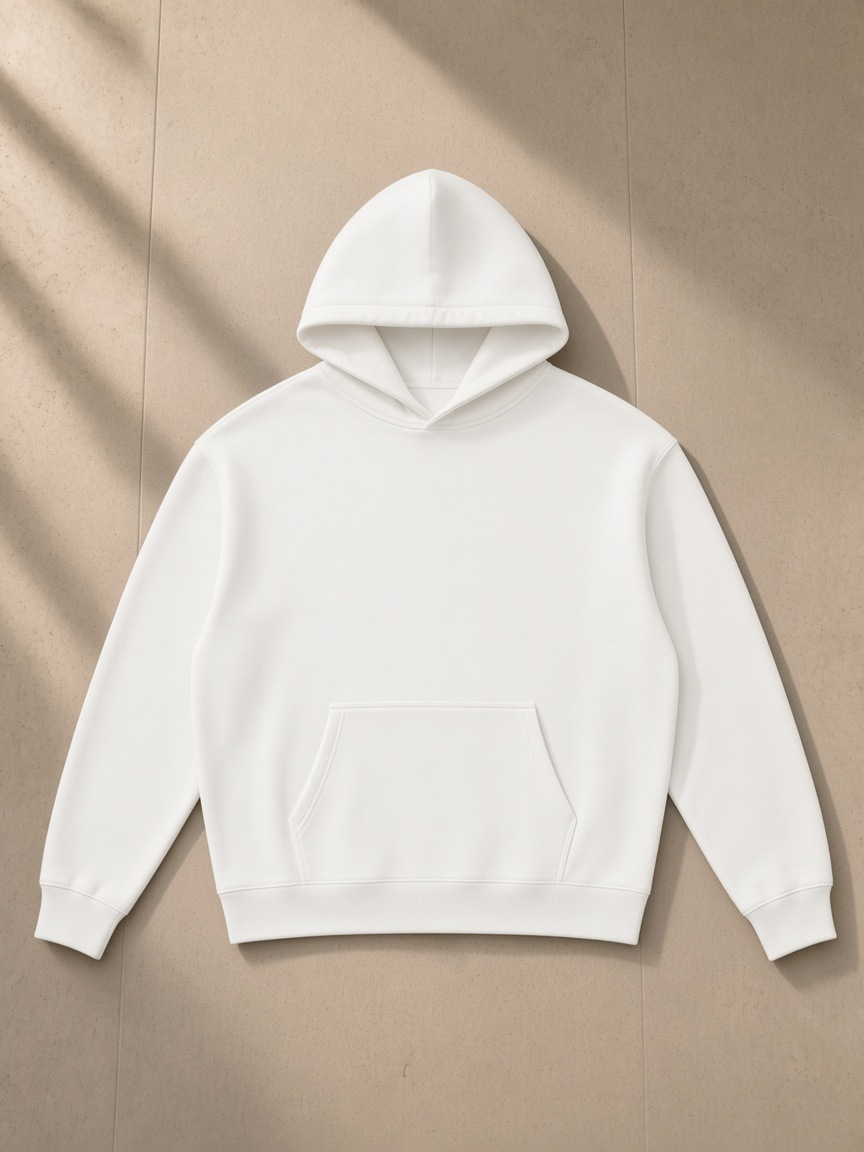Relaxed Pullover Hoodie in White, laid flat on pale limestone