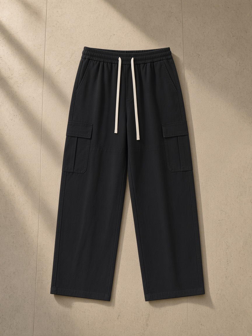 Drawstring waist straight-leg cargo pants in Black, laid flat on pale limestone