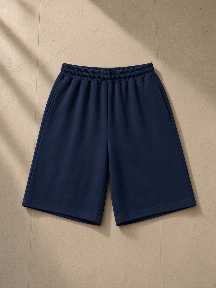 Unisex heavyweight shorts in Navy Blue, laid flat on pale limestone