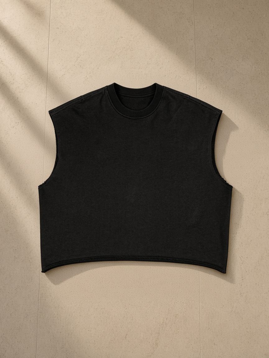 Men's French Terry Boxy Tank Top in Black, laid flat on pale limestone