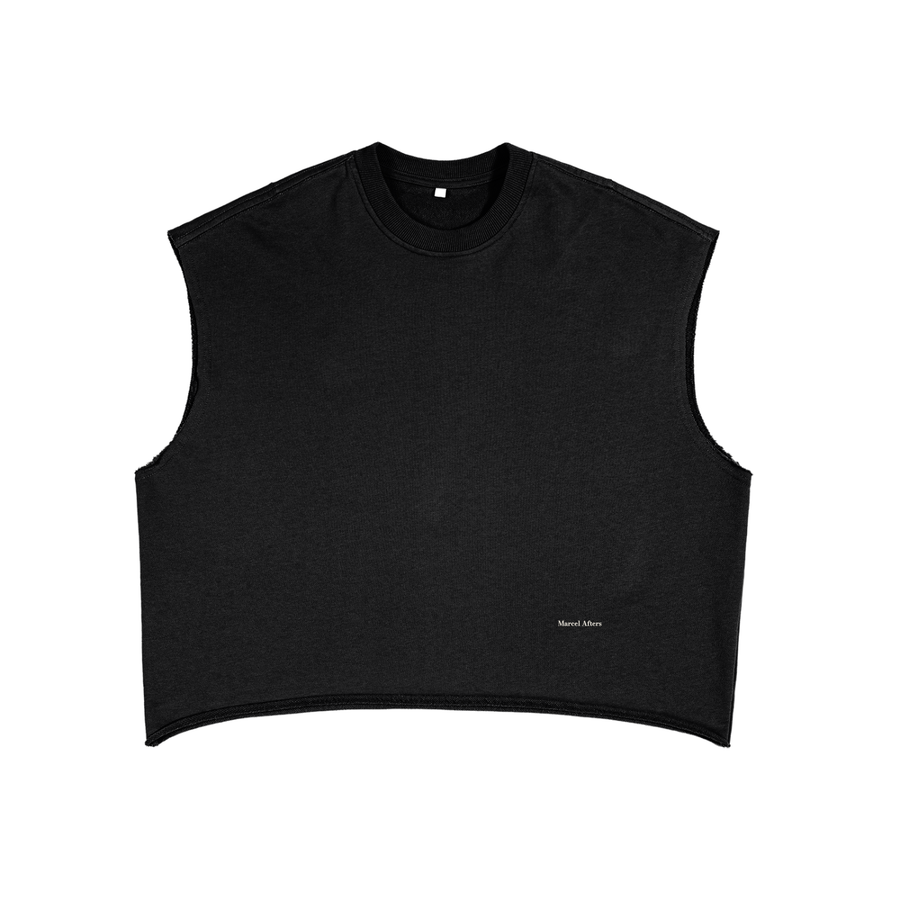 Men's French Terry Boxy Tank Top in Black, front view, small Marcel Afters wordmark at the lower left front.