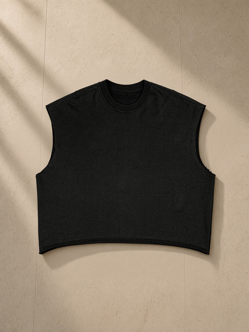 Women's French Terry Boxy Tank Top in Black, laid flat on pale limestone