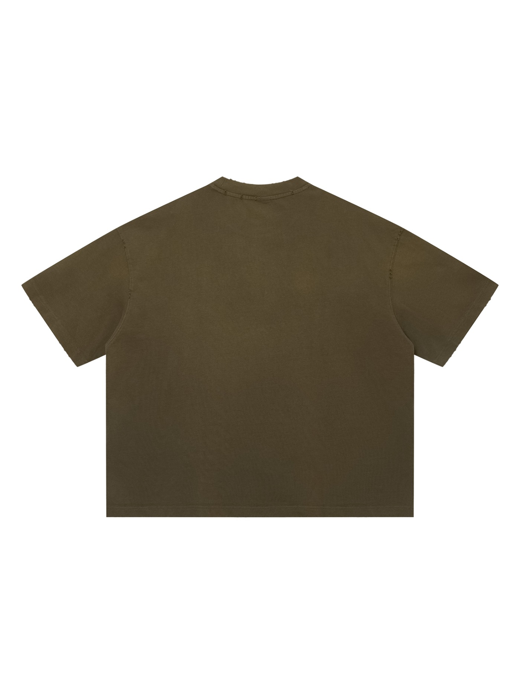 Unisex sun fade distressed boxy t-shirt in Army Green, back view on white. Marcel Afters