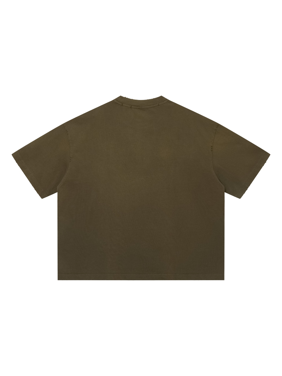 Unisex sun fade distressed boxy t-shirt in Army Green, back view on white. Marcel Afters
