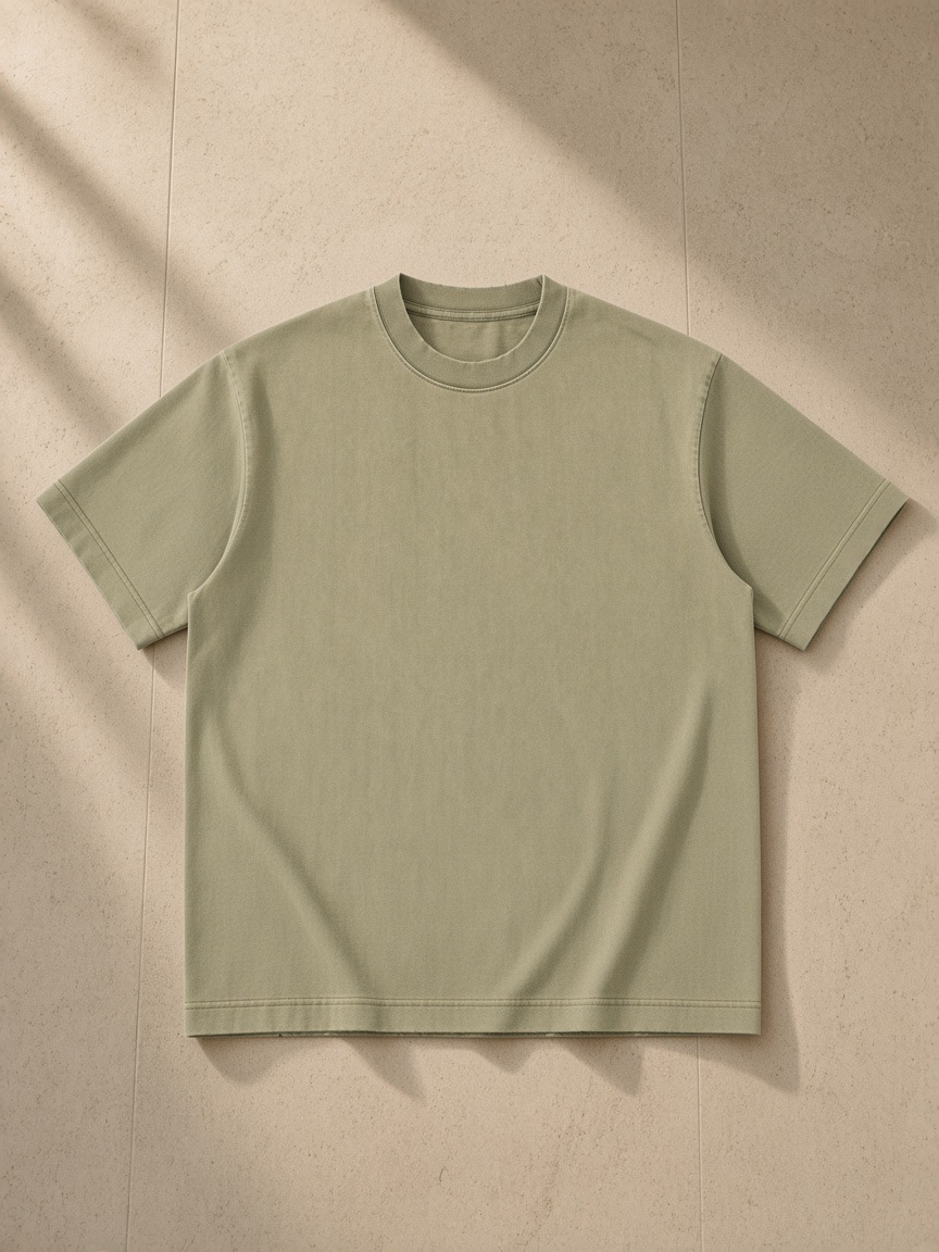 Heavyweight Vintage Washed Frayed T-Shirt in Gray Green, laid flat on pale limestone