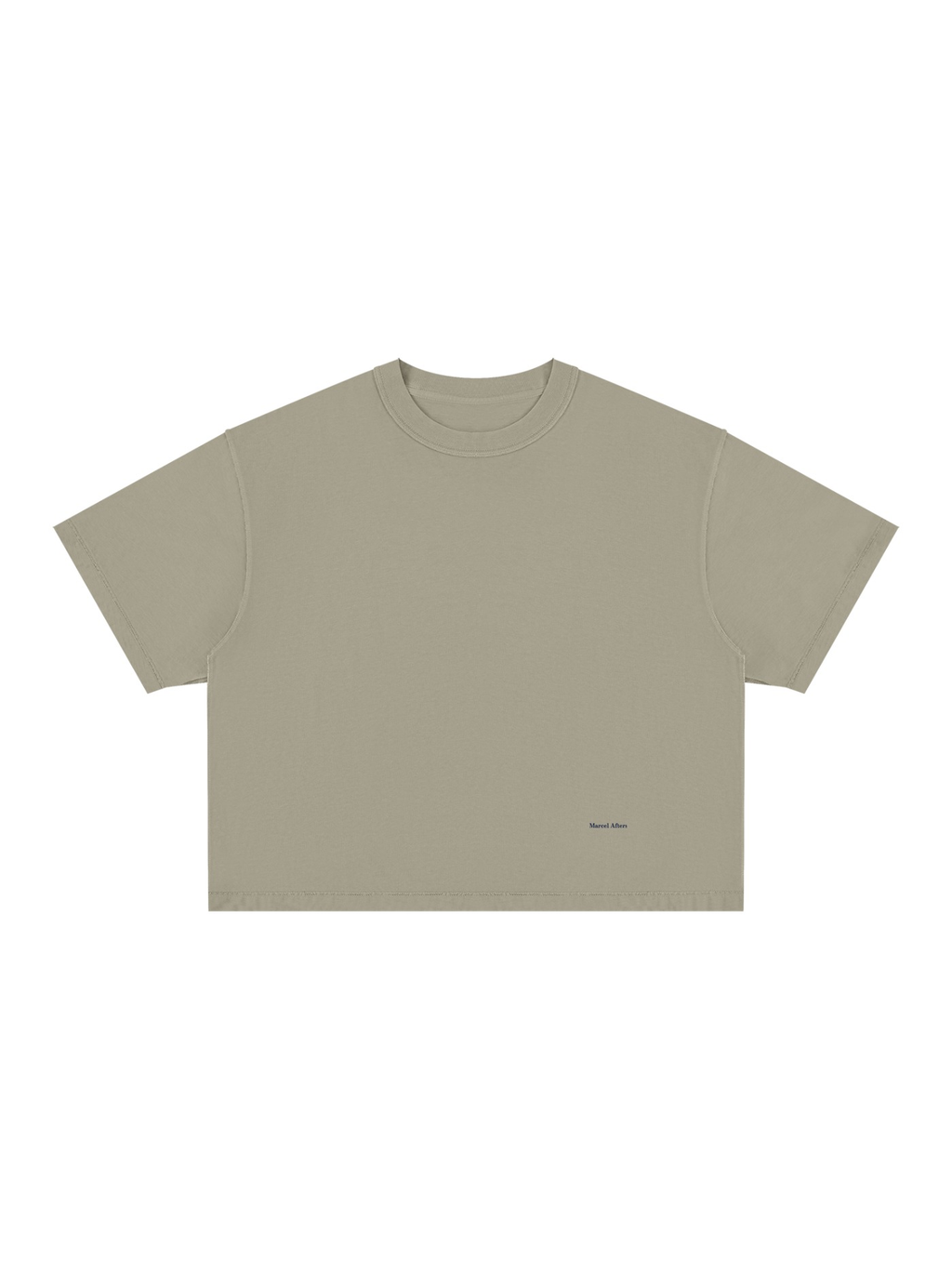 Unisex vintage wash boxy t-shirt in Khaki, front view on white. Marcel Afters