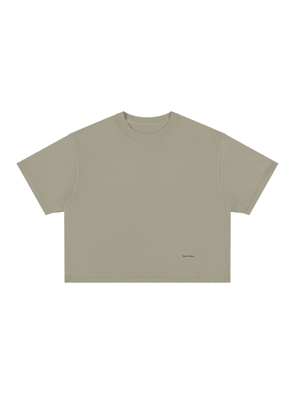 Unisex vintage wash boxy t-shirt in Khaki, front view on white. Marcel Afters
