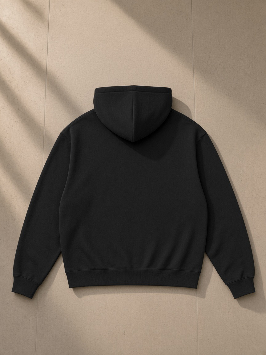 Essential heavyweight drop-shoulder hoodie in Black, laid flat on pale limestone, back view
