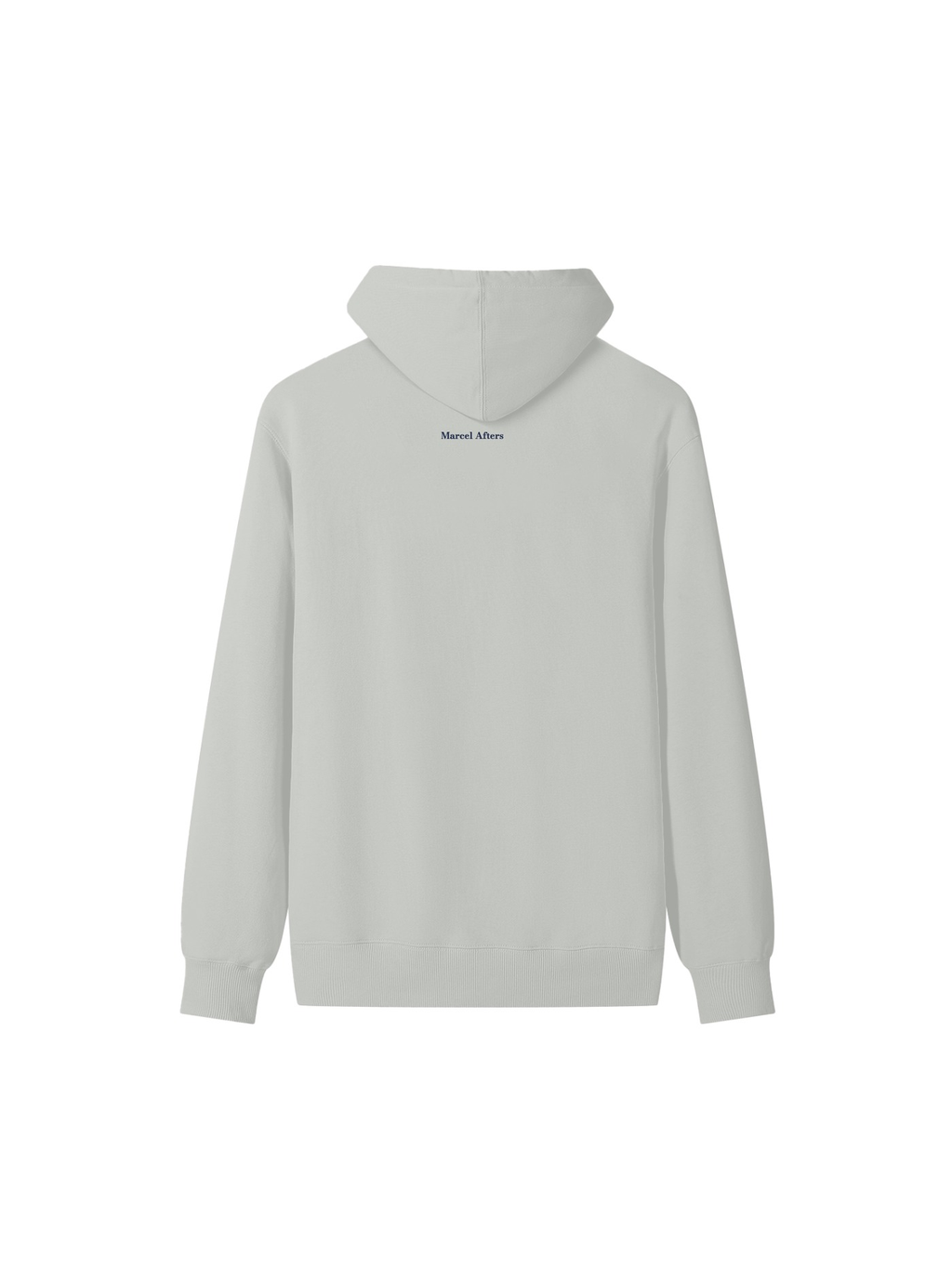 Unisex classic cotton hoodie in Hemp Ash, back view on white. Marcel Afters