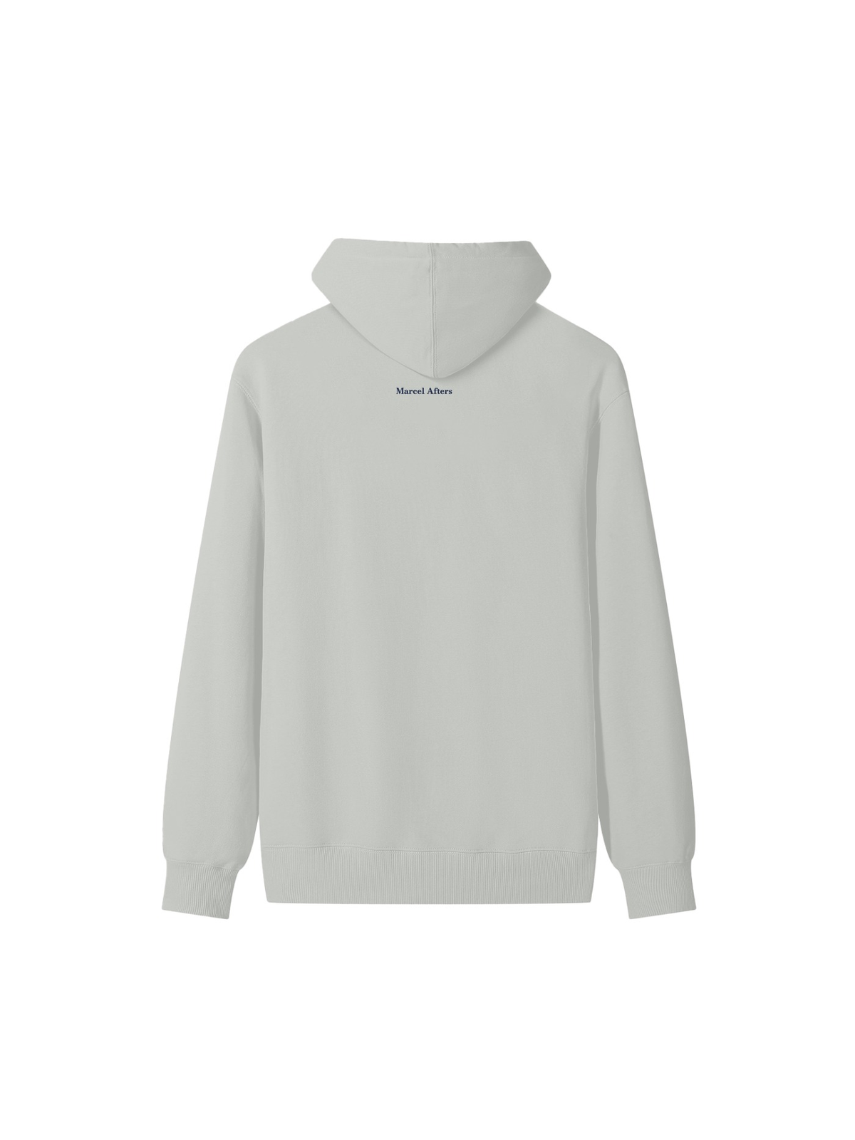 Unisex classic cotton hoodie in Hemp Ash, back view on white. Marcel Afters