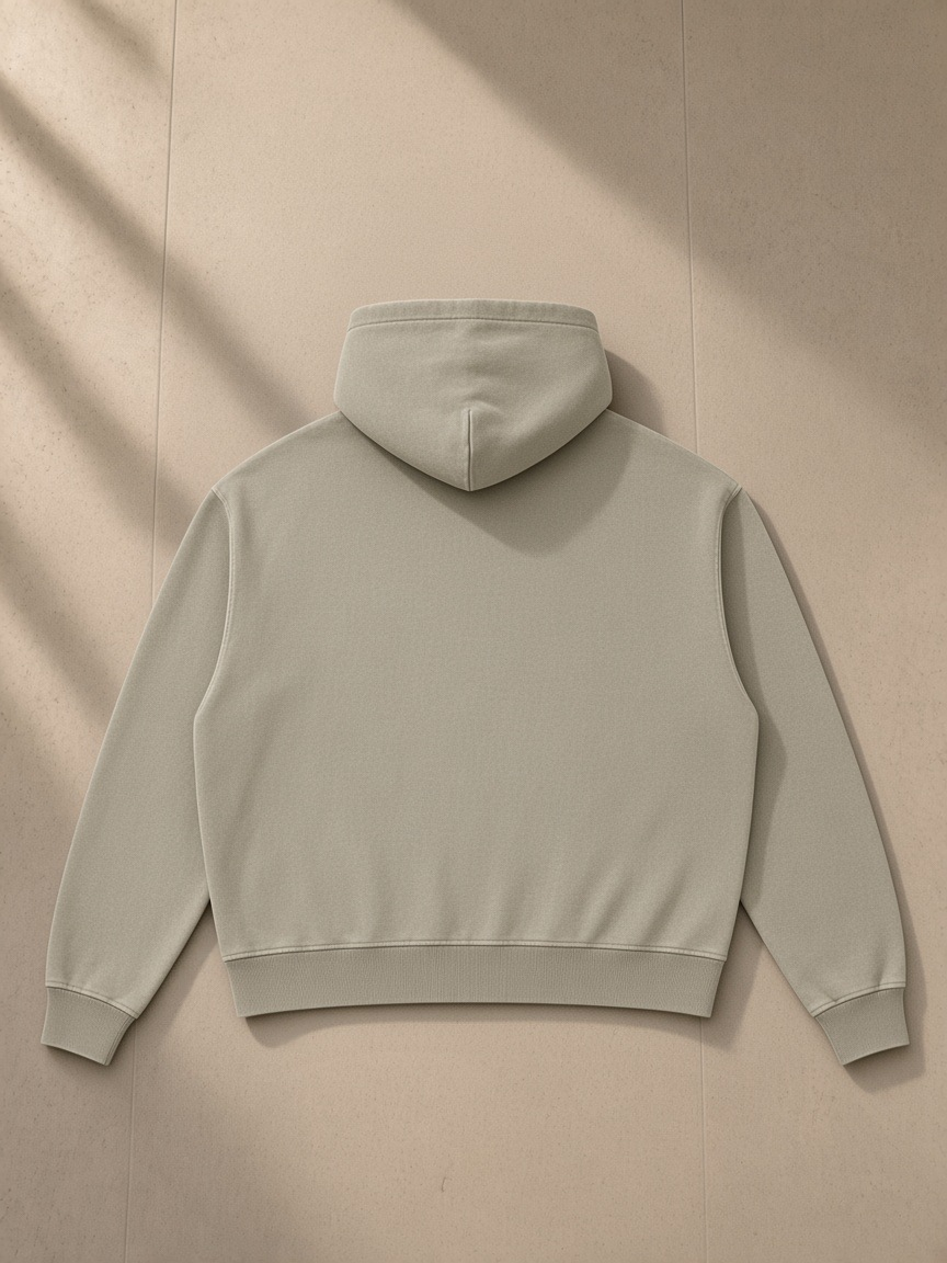 Mineral Wash Boxy Hoodie in Khaki, laid flat on pale limestone, back view