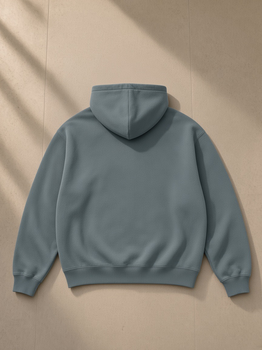 Heavyweight Vintage Wash Boxy Hoodie in Haze Blue, laid flat on pale limestone, back view