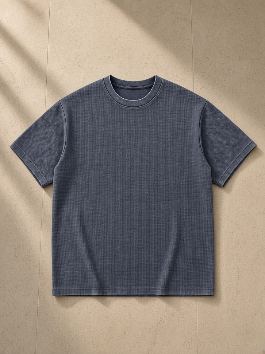 Mineral Wash Waffle Knit T-Shirt in Blue, laid flat on pale limestone