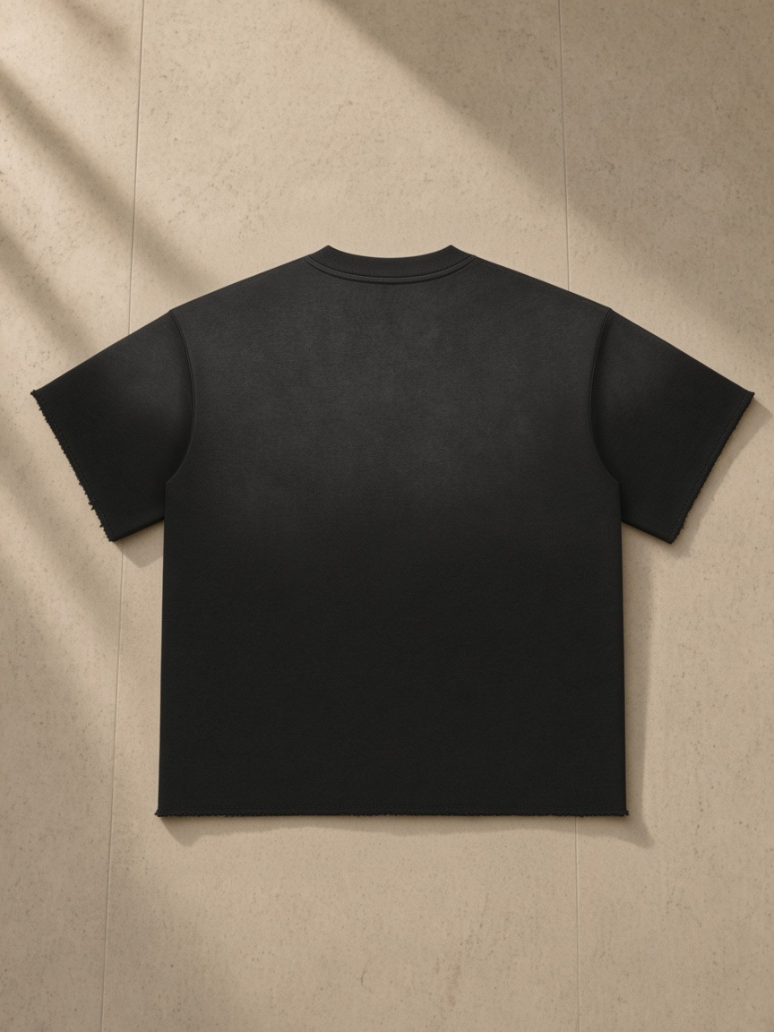 Back of the Black Men's Sun Fade Raw Edge T-Shirt, laid flat