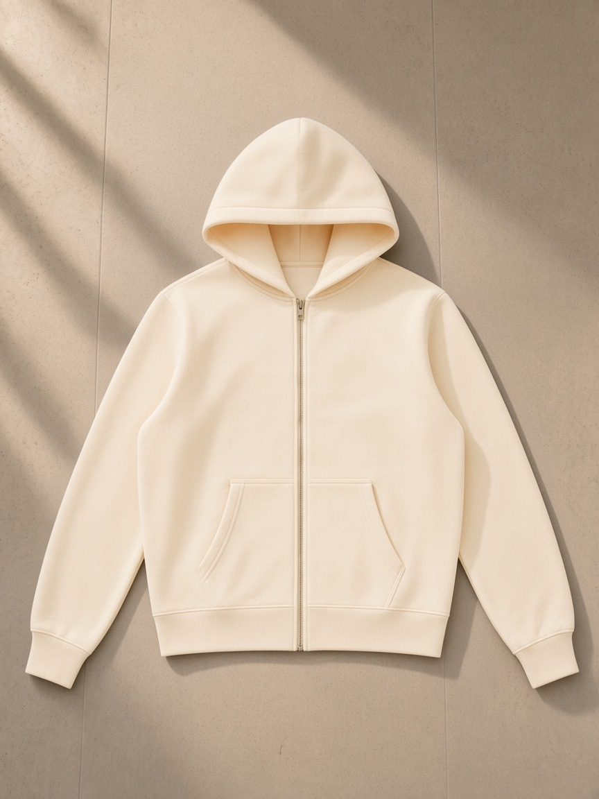 Fleece Full Zip Hoodie in Apricot, laid flat on pale limestone