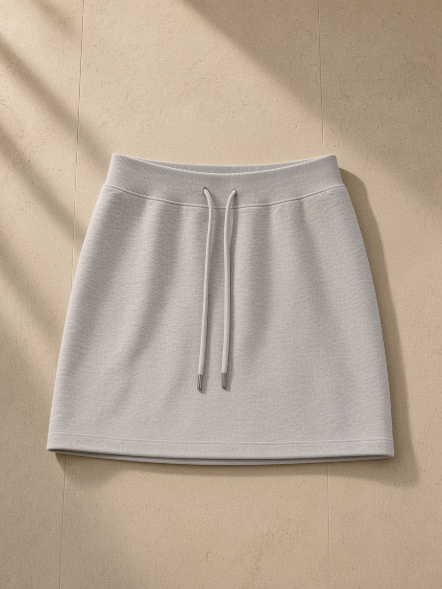Women's drawstring skirt in Flower Gray draped over a bouclé armchair in a Hudson rooftop penthouse at night