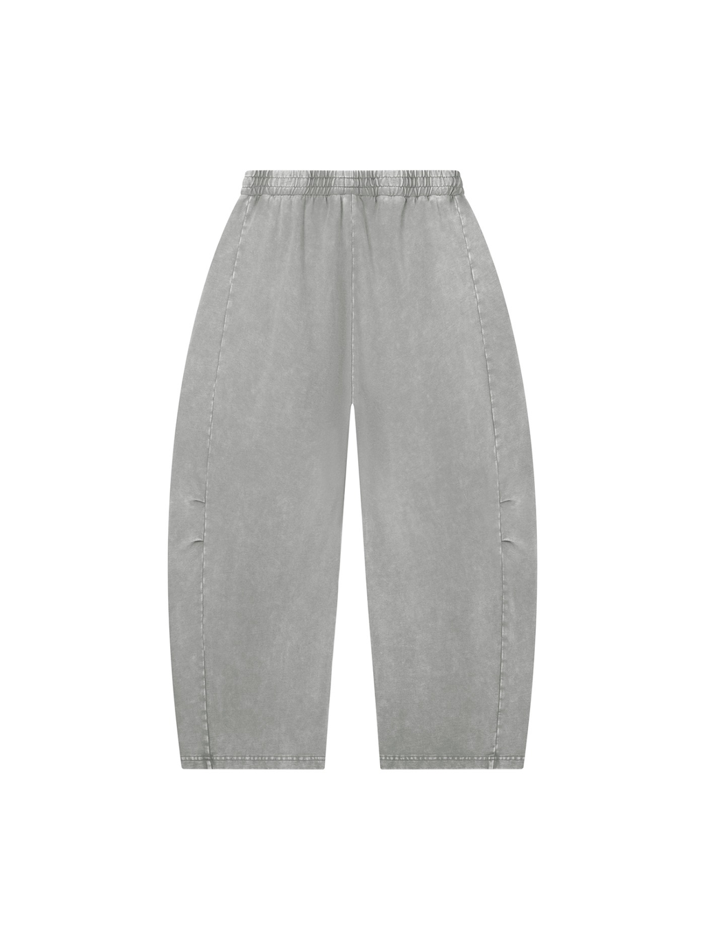 Unisex mineral wash barrel leg pants in Gray, back view on white. Marcel Afters