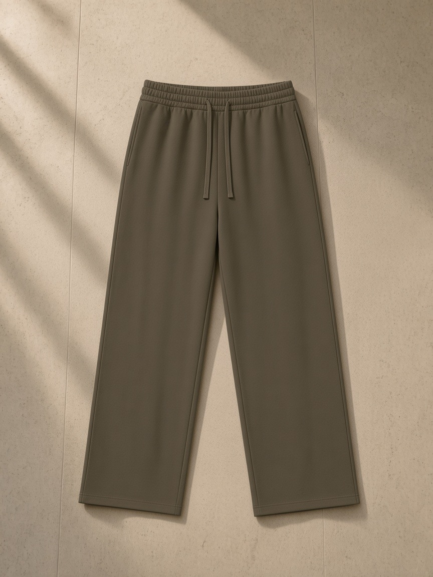 Straight Leg Sweatpants in Coffee, laid flat on pale limestone