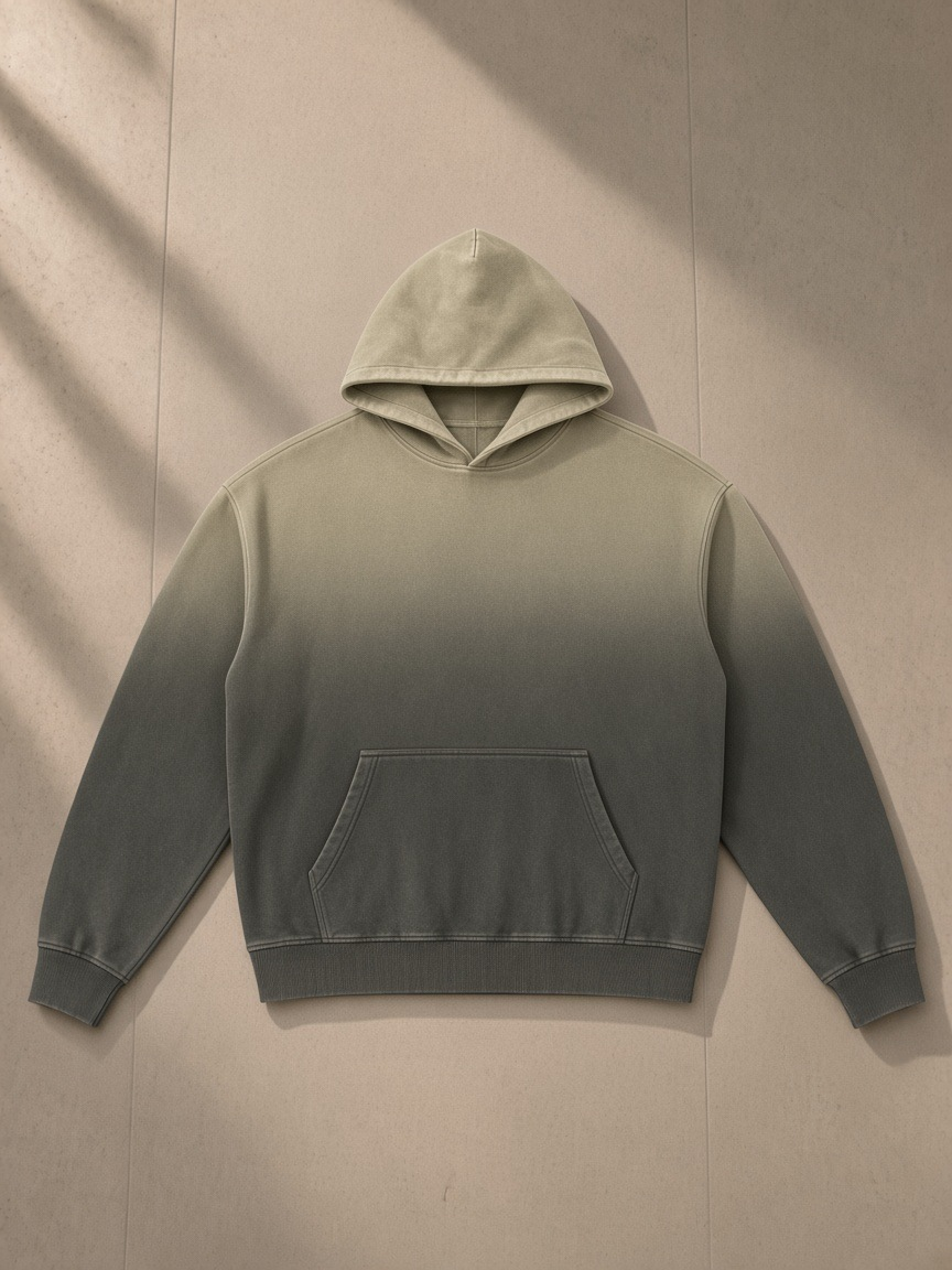 Vintage Washed Gradient Fleece Hoodie in Dark Gray, laid flat on pale limestone, front.