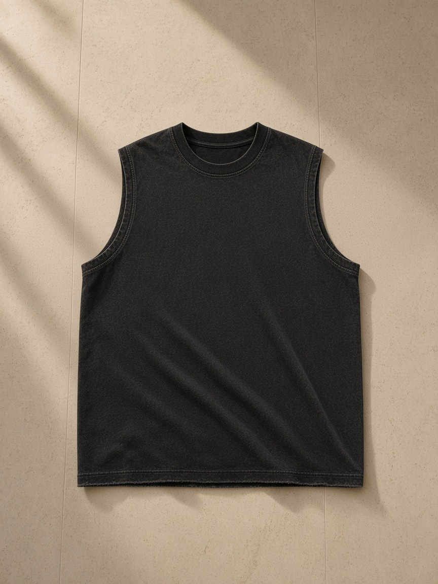 Snow Washed Frayed Hem Tank Top in Black, laid flat on pale limestone