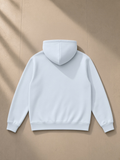 Unisex regular fit full zip hoodie in Light Blue, laid flat on pale limestone, back view