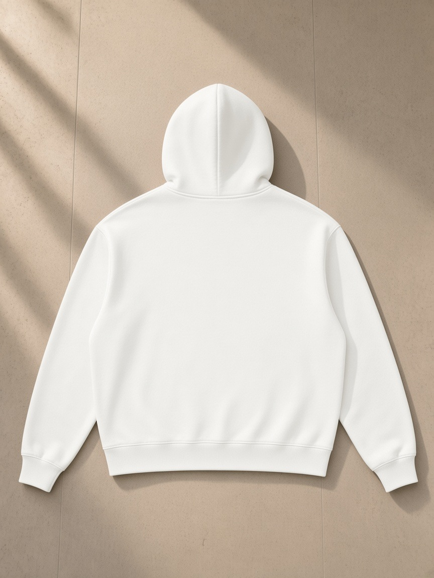 Men's drop shoulder full-zip hoodie in White, laid flat on pale limestone, back view