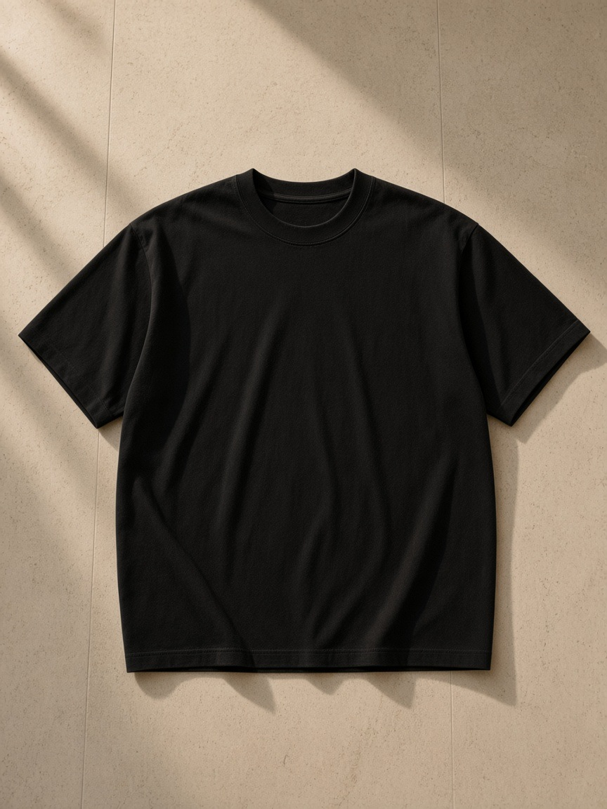Unisex vintage wash distressed t-shirt in Black, laid flat on pale limestone