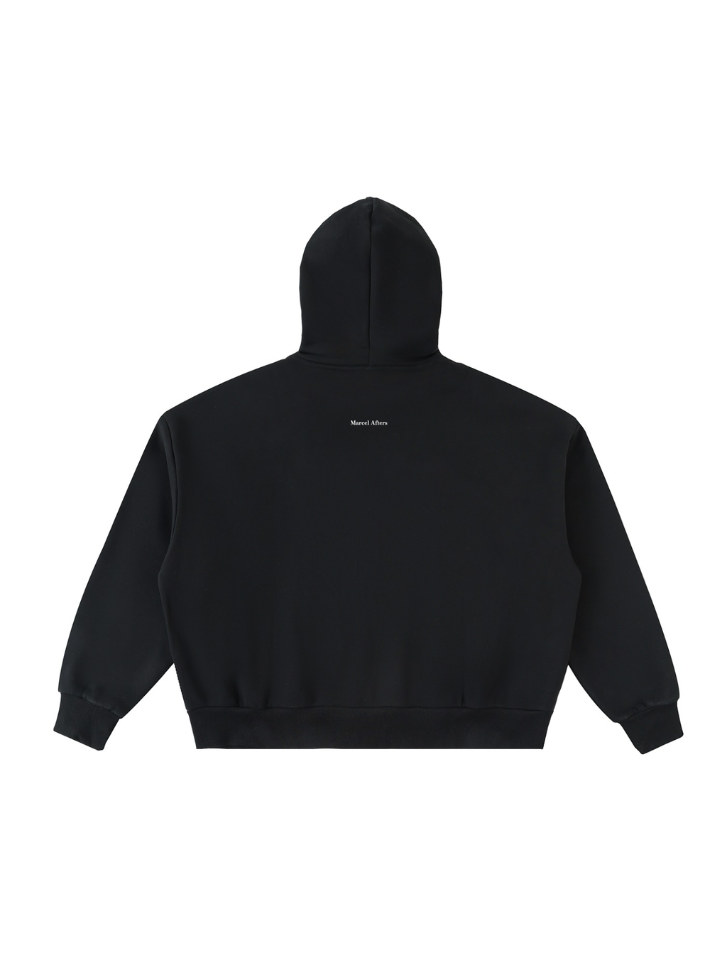 Men's fleeced full-zip boxy hoodie in Black, back view on white. Marcel Afters