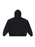 Men's fleeced full-zip boxy hoodie in Black, back view on white. Marcel Afters