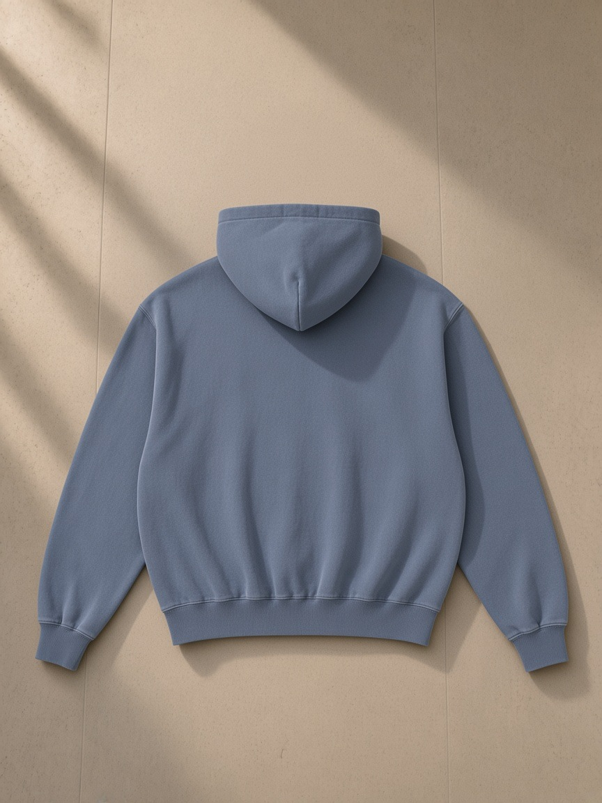 Frayed Enzyme Washed Fleece Hoodie in Blue, laid flat on pale limestone, back view