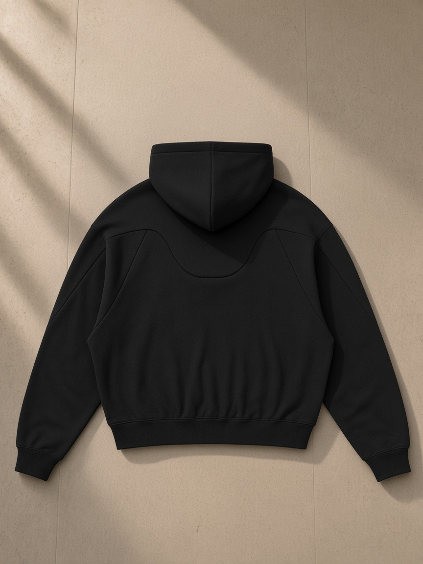 Curved panel raglan hoodie in Black, laid flat on pale limestone, back view