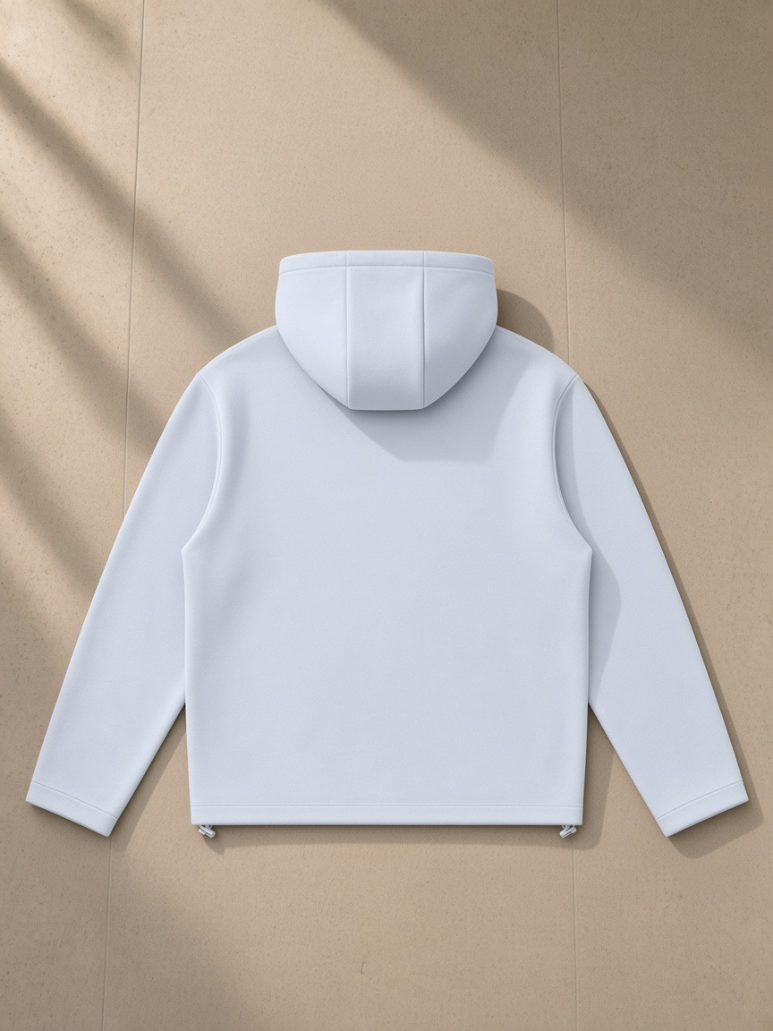 Unisex paneled full zip hoodie in Light Blue, laid flat on pale limestone, back view