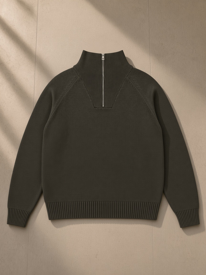Heavyweight Collared Quarter-Zip in Brown, laid flat on pale limestone