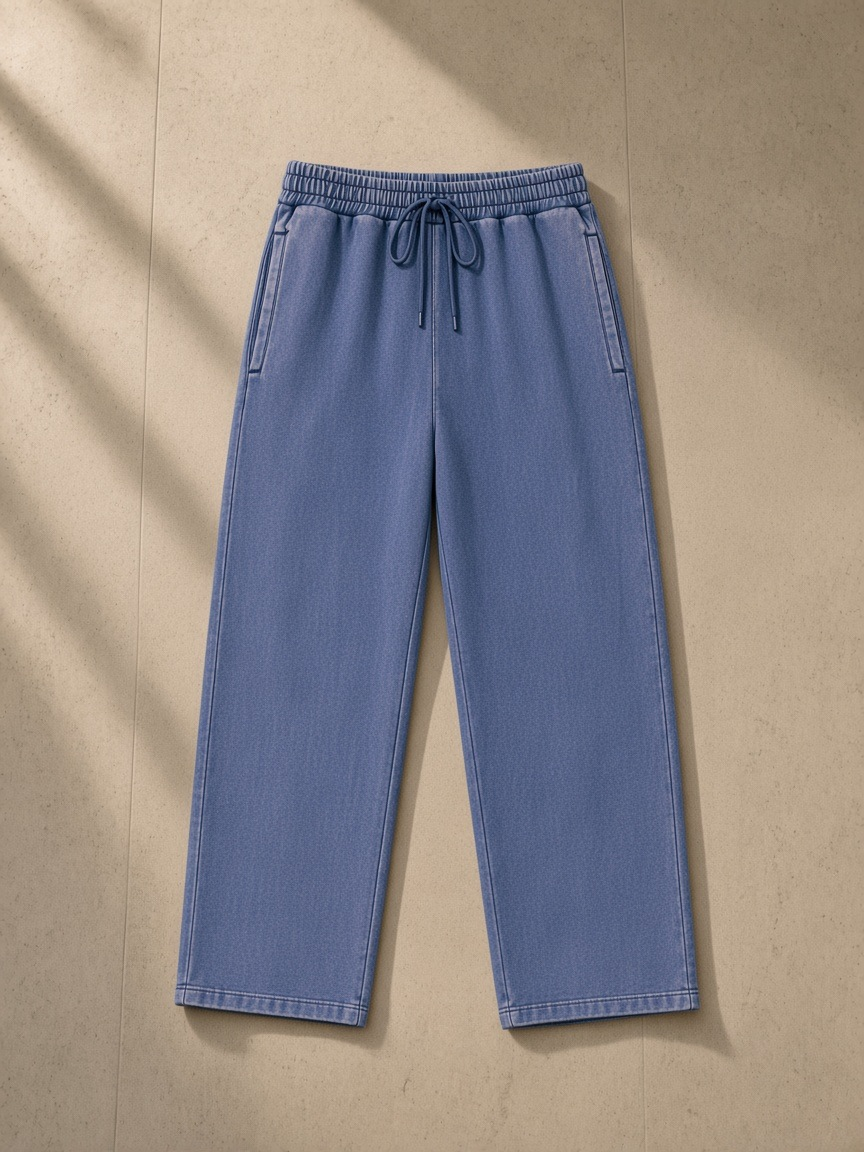Unisex snow wash heavyweight sweatpants in Dark Blue, laid flat on pale limestone