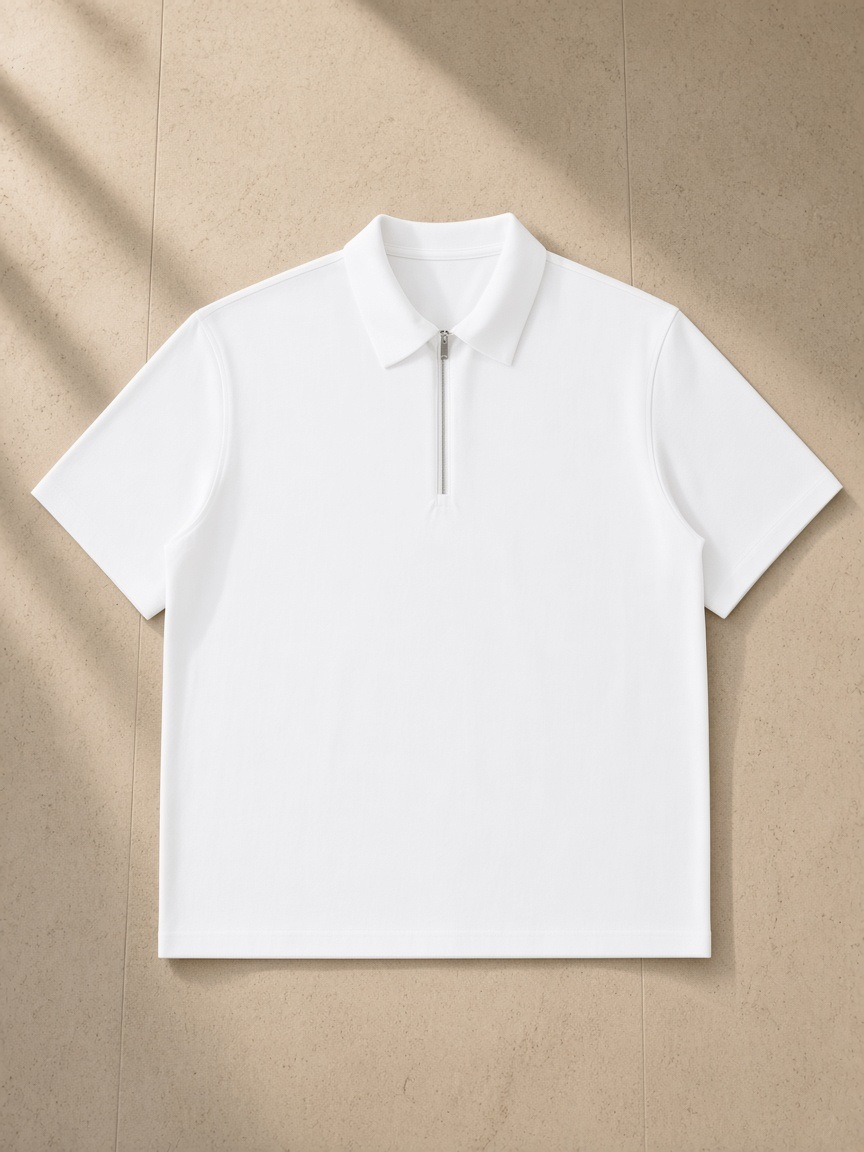 Half-Zip Cotton Polo in White, laid flat on pale limestone