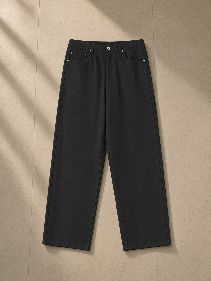 Heavyweight Straight-Leg Trousers in Black, laid flat on pale limestone