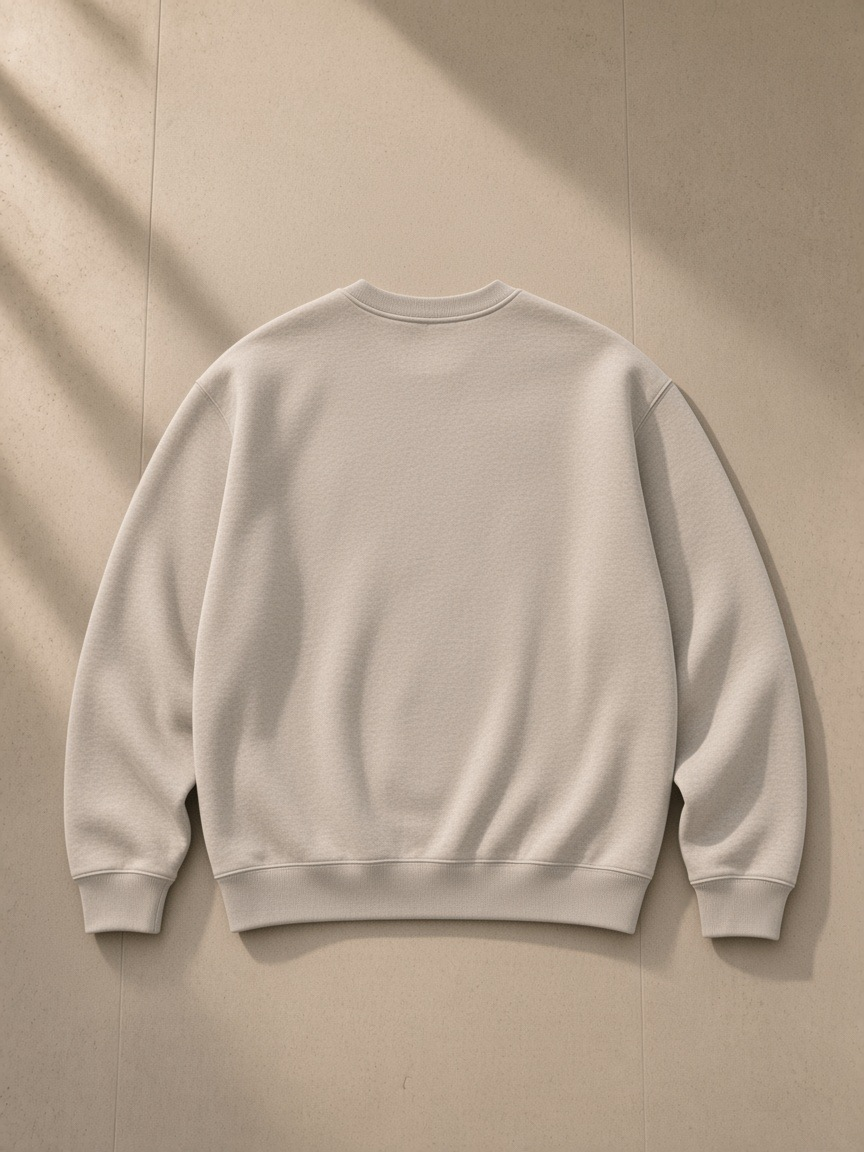 Fleeced sweatshirt in Oat Gray, laid flat on pale limestone, back view