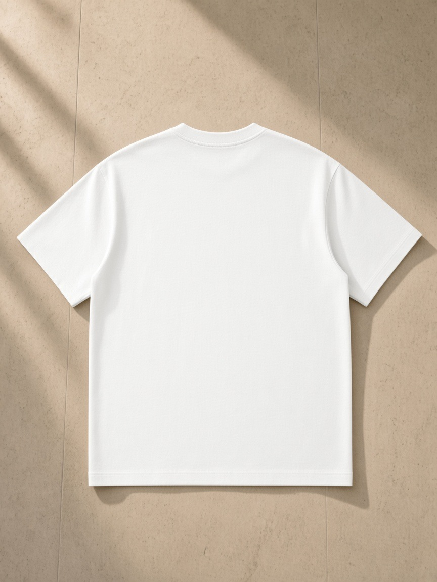 Loose Fit Crewneck T-Shirt in White, laid flat on pale limestone, back.