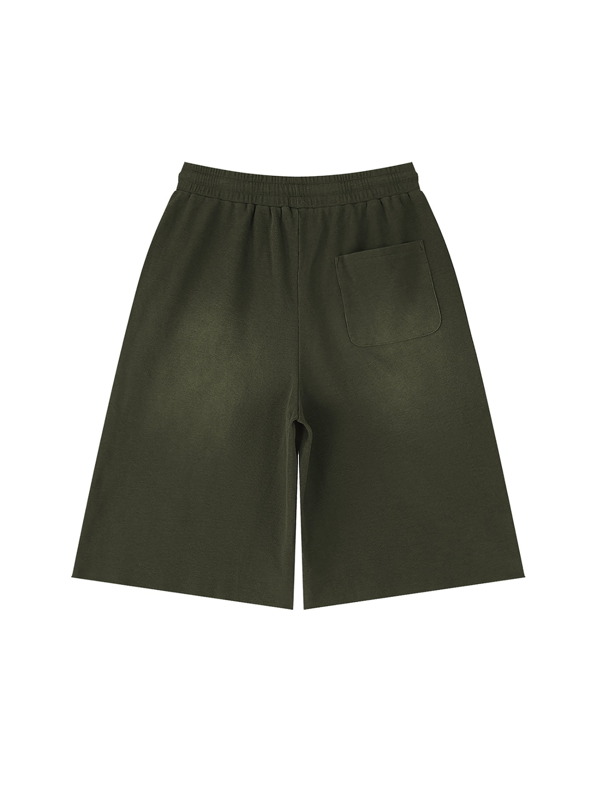 Unisex sunfade raw edge shorts in Army Green, back view on white. Marcel Afters